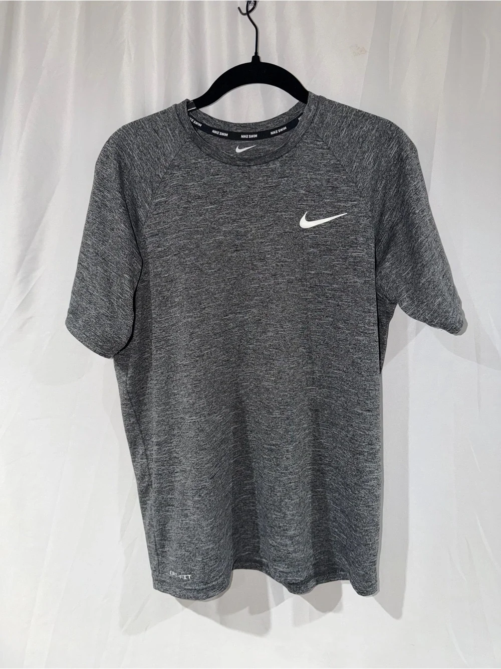 Nike Swim Shirt Heather Charcoal Short Sleeve Dri-FIT Tee White Swoosh Crewneck